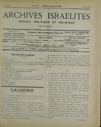Archives israélites de France. Vol.96 N°76-77 (05 juil. 1934)